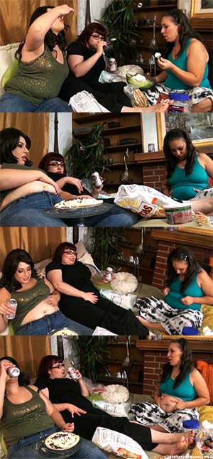 Gaining Girls Three gaining girls eat pie, ice cream and chips while they t...